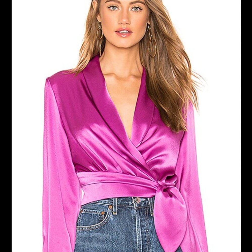 Express Satin Tie Front Banded Bottom Portofino Shirt Fushia Pink Top Blouse XS